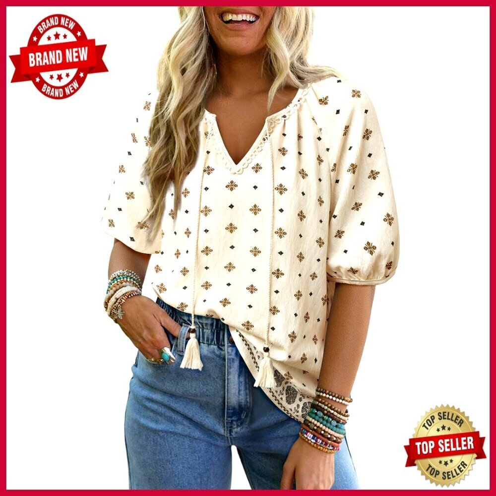 Loose Fit V-Neck Blouse with Lantern Sleeves and Bow Tie Front